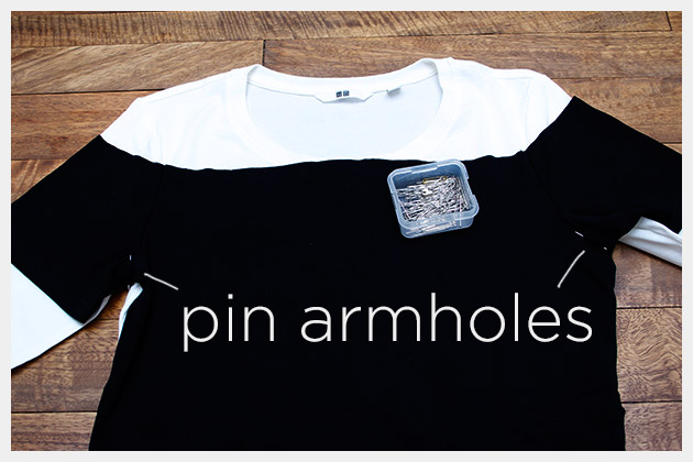 Mod Black and White T Shirt DIY Pinning Armholes
