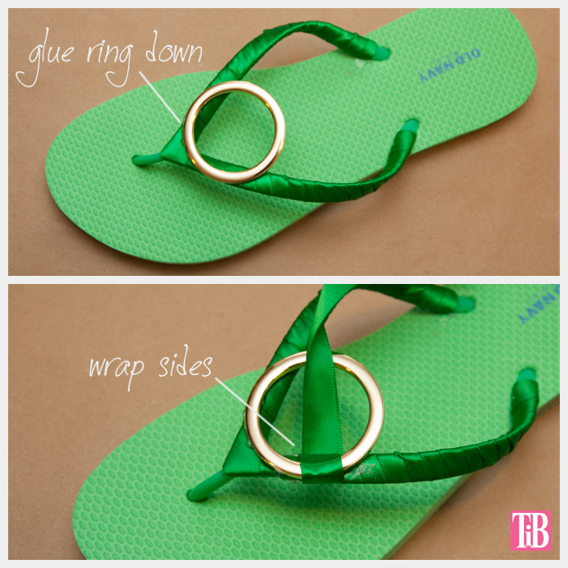Green and Gold DIY Flip Flops Adding Gold Ring