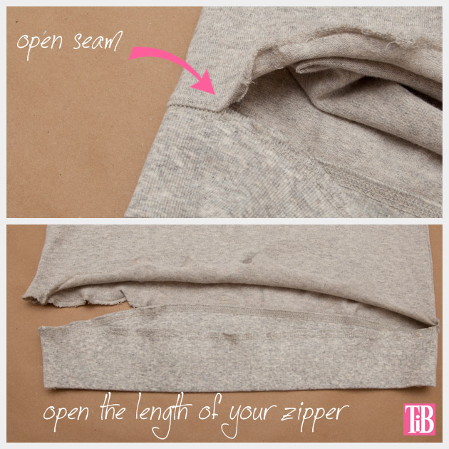 Distressed Sweatshirt DIY with Zipper Hem Cutting Open the Seam