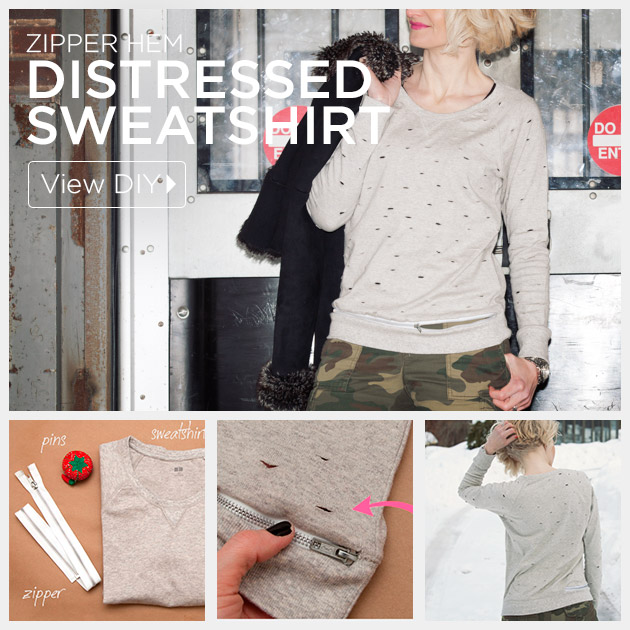 Distressed Sweatshirt DIY with Zipper Hem by Trinkets in Bloom