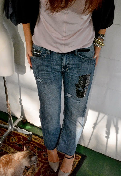 Sequin Skull Distressed Jeans by Anne Hollabaugh