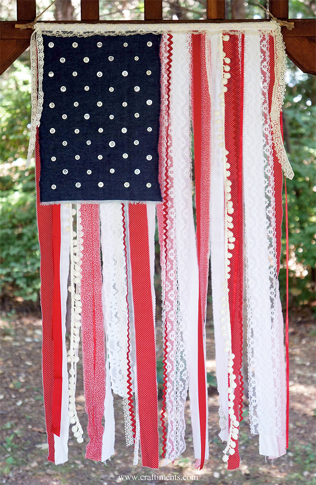 Patriotic Ribbon, Lace and Fabric Scrap Flag by Craftiments