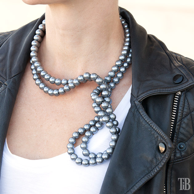 Stella McCartney Inspired DIY Wired Pearl Necklace with jacket closeup