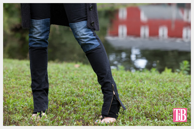 DIY Patched Skinny Jeans with Zippers Close Up