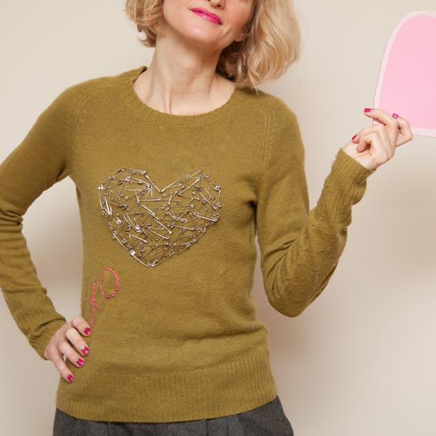 Safety Pin Heart Sweater DIY