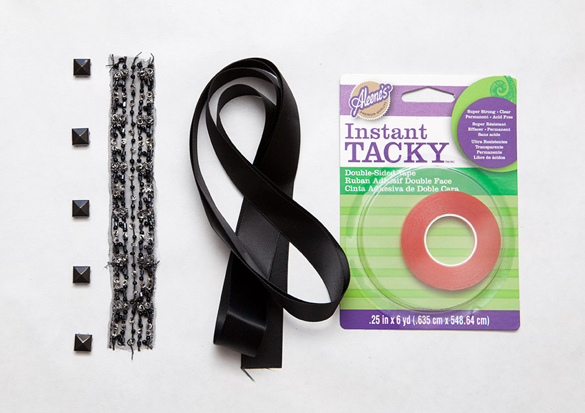 Scrap Ribbon Bracelet DIY adding glue for studs