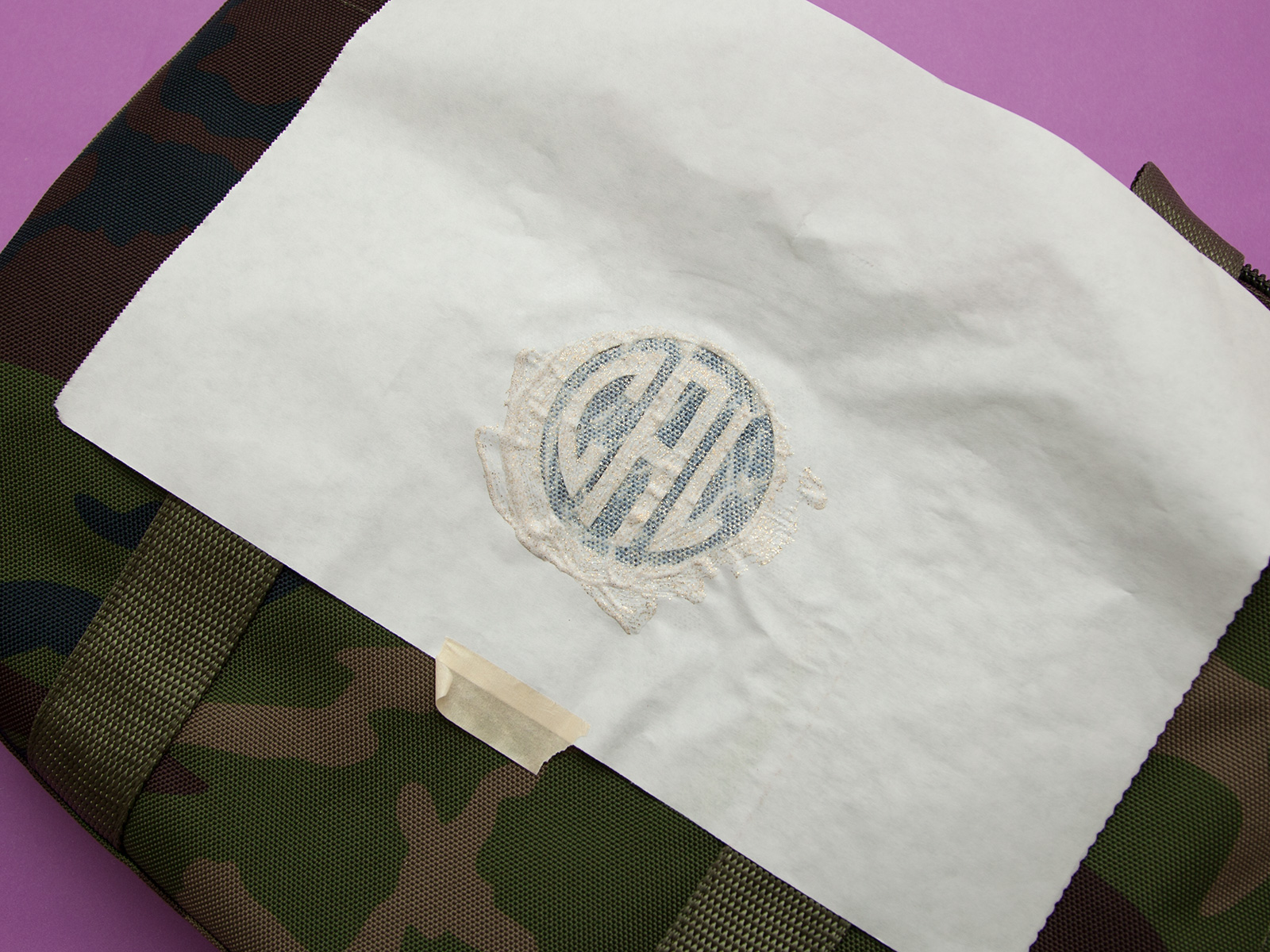 DIY Monogramed Camo Tote painting by Trinkets in Bloom