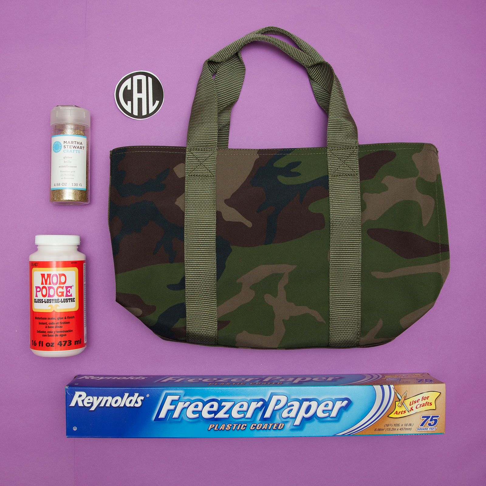 DIY Monogramed Camo Tote supplies by Trinkets in Bloom