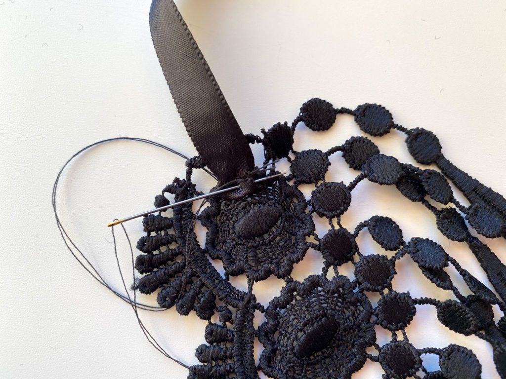 DIY lace choker with fringe sewing ribbons detail